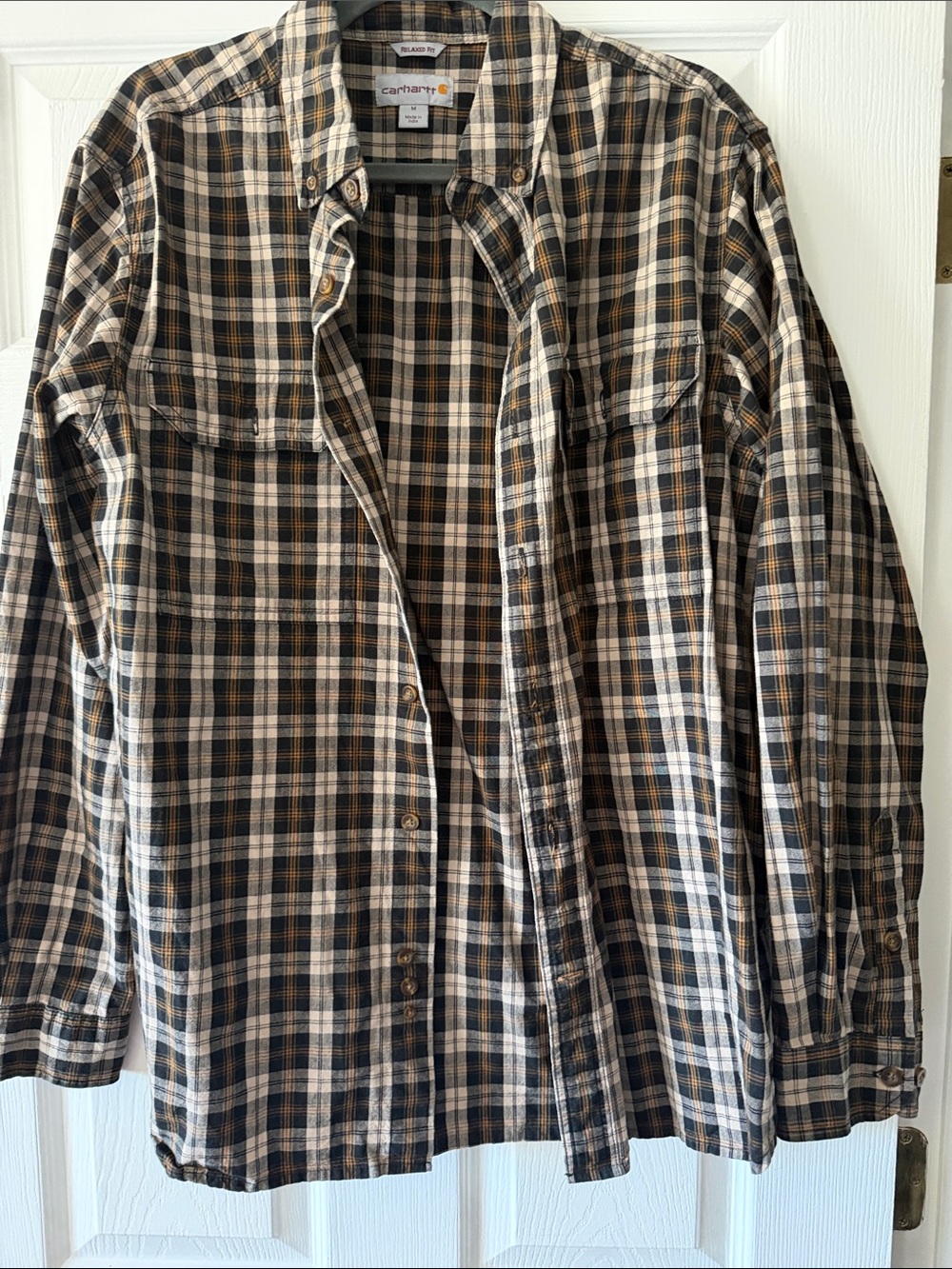 Carhartt Men's Black, Tan and Cream Plaid Button-Down Shirt- worn 1X